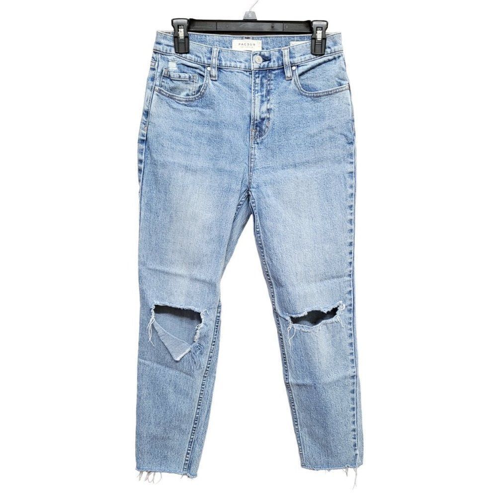 Pacsun Vintage Icon Ripped Busted Knee High Rise‎ Jeans Raw Hem Womens 28